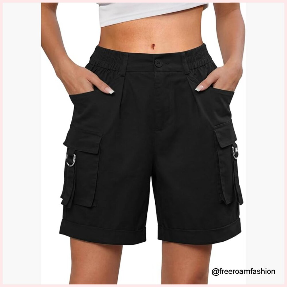 High Waist Bermuda Cargo Denim Shorts 6 Pockets Casual Summer